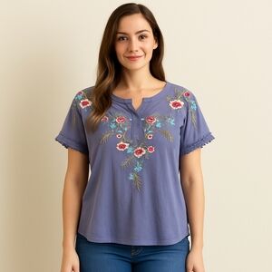 MISSLOOK Blue Floral Embroidered Blouse